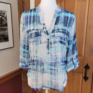 Blue Plaid Relaxed Fit Button-Up Blouse